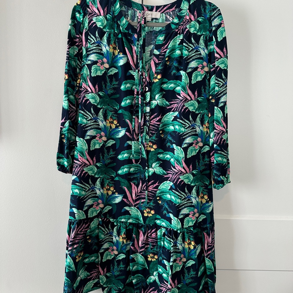 LOFT EEUC Floral Print Dress with Green and Pink Accents